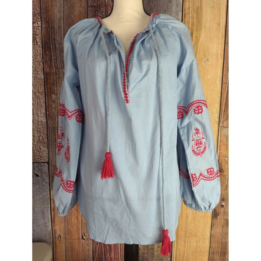 Gallabia Urban Casual Kaftan Blouse Red Embroidered Size L Blue Peasant Top